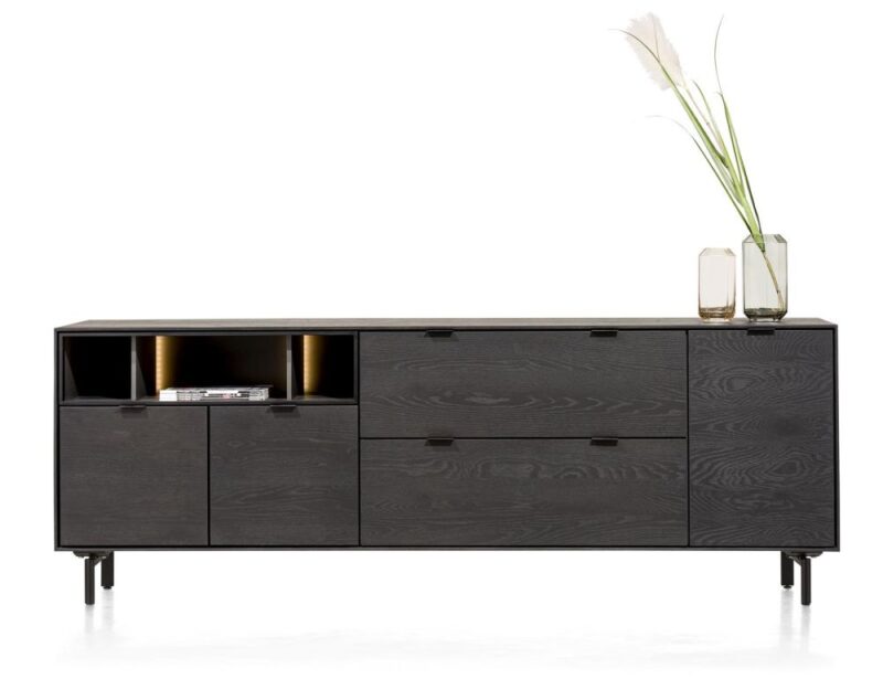 Elements, Buffet 210 Cm. - 3-Portes + 2-Tiroirs + 3-Niches + Led Incl. Pieds En Métal - Onyx - Image 1