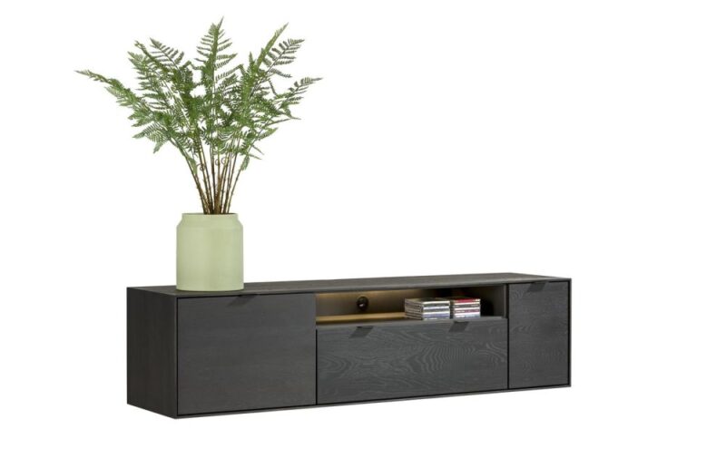 Elements, Buffet Bas 180 Cm. - A Suspendre + 1-Porte + 1-Tiroir + Porte Rabattante + 1-Niche + Led - Onyx - Image 2
