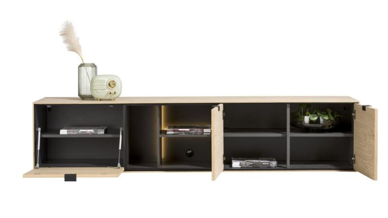 Elements, Lowboard 210 Cm. - Hang + 2-Deuren + Klep + 3-Niches + Led - Natural - Afbeelding 2