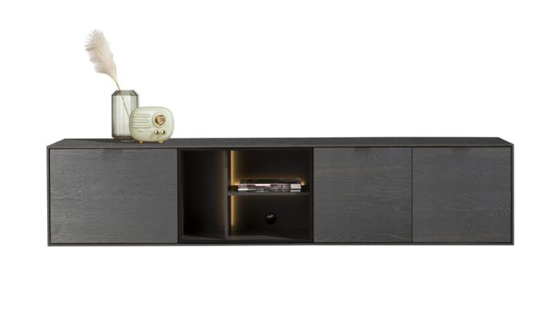 Elements, Lowboard 210 Cm. - Hang + 2-Deuren + Klep + 3-Niches + Led - Onyx - Afbeelding 1