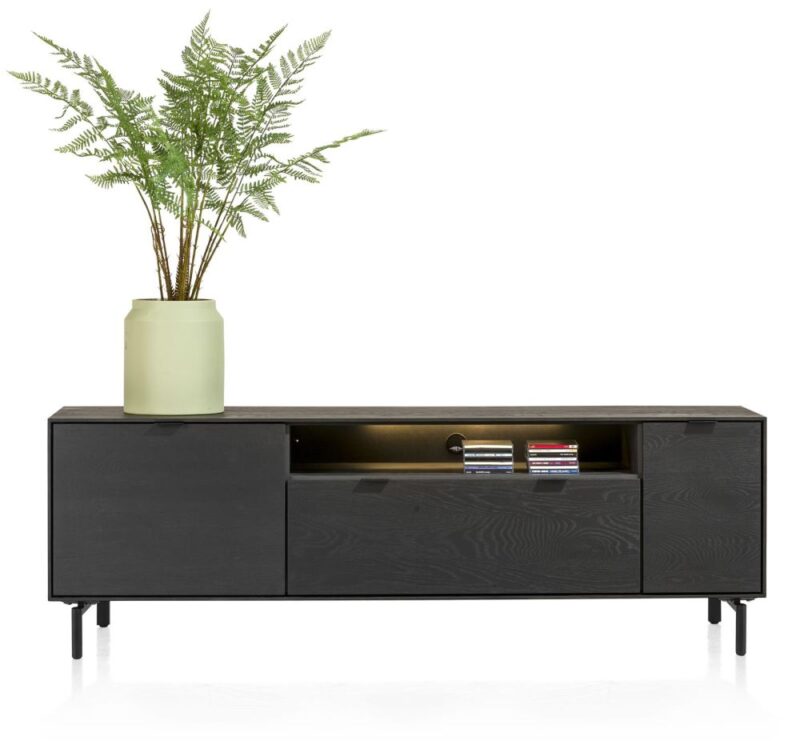 Elements, Buffet Bas 180 Cm-A Suspendre+1-Porte+1-Tir.+P. Rabattante+1-Niche+Led Incl Pieds En Métal - Onyx - Image 1