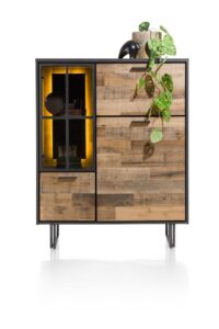 Avalon, buffet haut 120 cm - 2-portes + 1-porte en verre + 1-porte rabattante (+ LED) - Driftwood