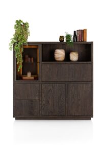 Gijon, highboard 145 cm - 1-glasdeur + 2-deuren + 2-laden + 1-klep + 1-niche (+ LED)
